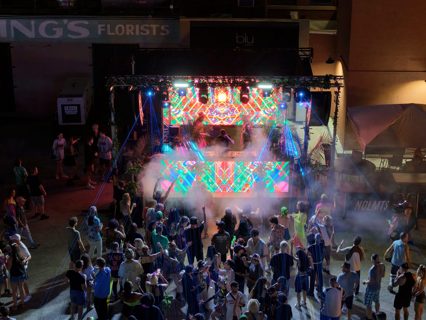 Wide aerial view of Summer Rave production and stage